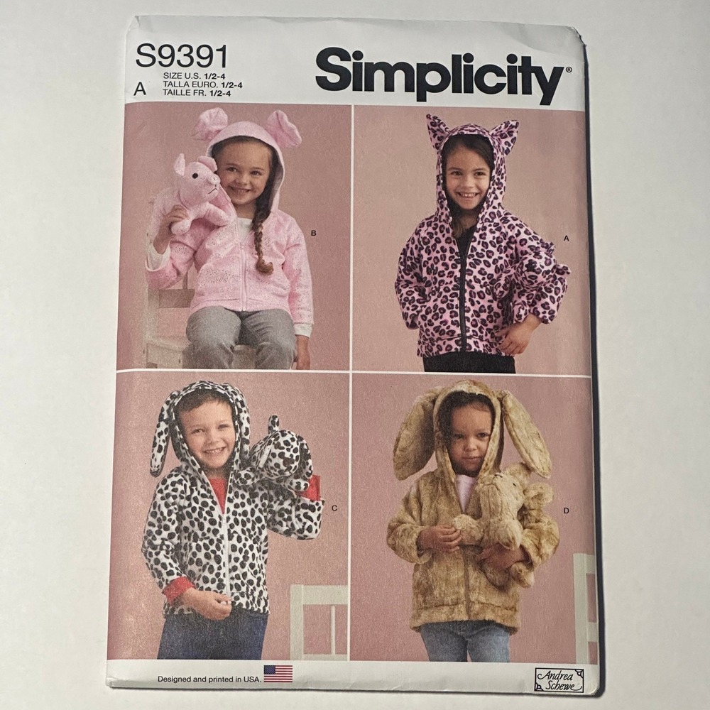 Simplicity UNCUT S9391 Sewing Pattern Toddler Jackets Plush Animals Size 1/2-4